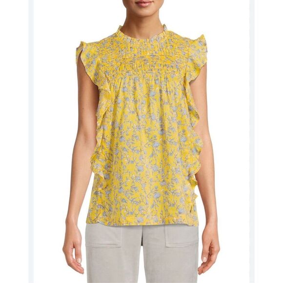 NWT Beachlunchlounge Top Blouse Floral 100% Cotton Yellow Blue Size M - Picture 1 of 6